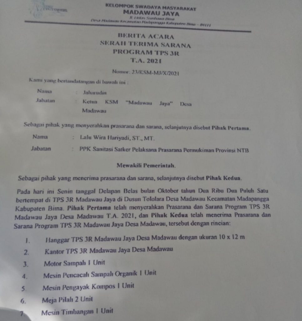 Berikut ini legalitas lahan pembangunan TPS 3R Dusun Tololara Desa Madawau Kec Madapangga Kab Bima NTB